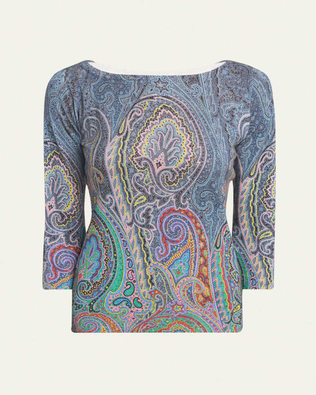 Paisley Three-Quarter Sleeve Cashmere Top